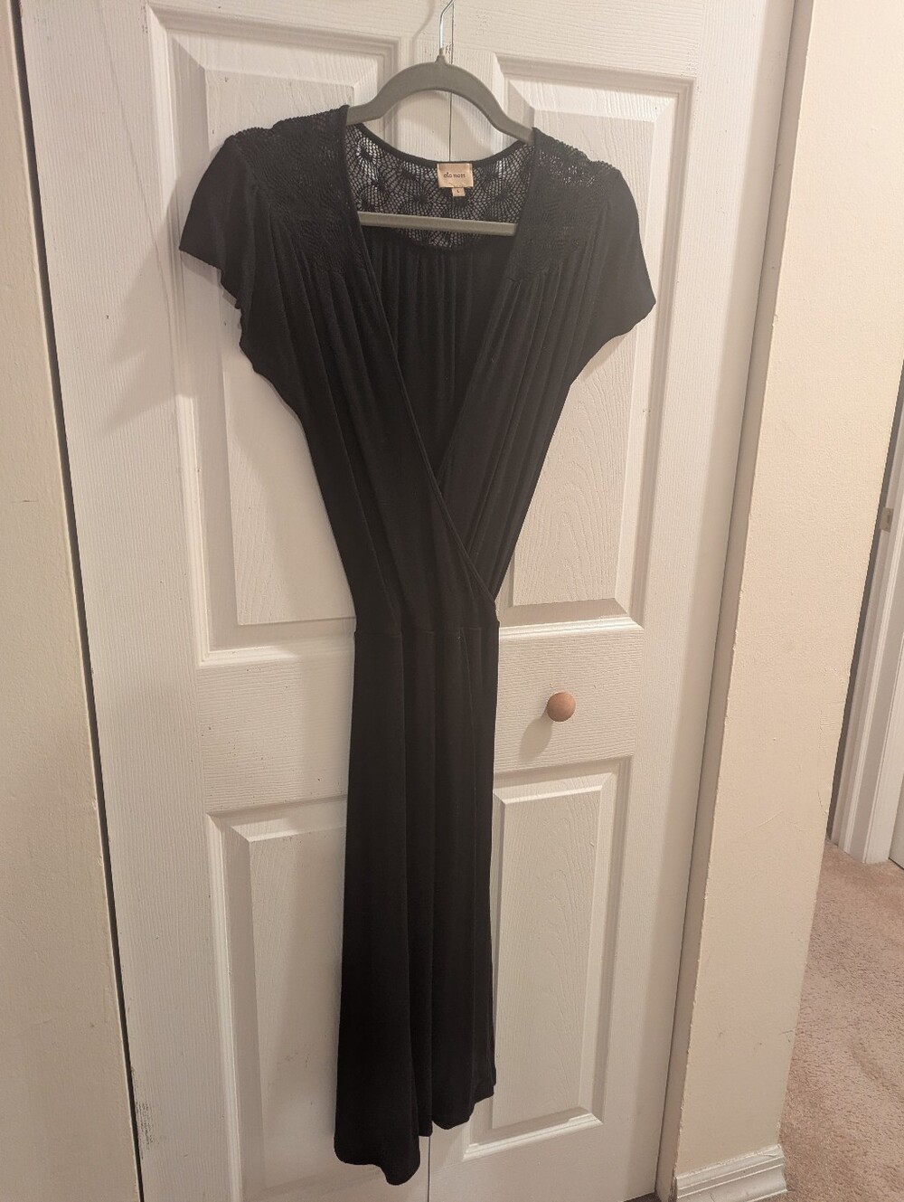 Ella Moss Black Midi Wrap Dress with Lace Yoke